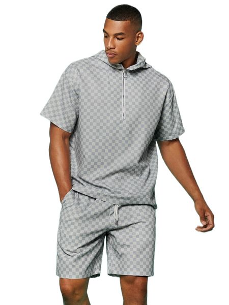 men plaid print half zip hooded tee & drawstring waist shorts l0bi#, Gray 
men plaid print half zip hooded tee & drawstring waist shorts l0bi#, Gray