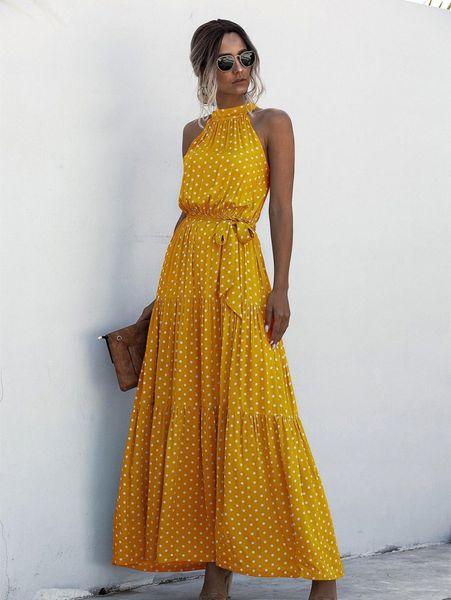 halter self tie ruffle hem polka dot dress y6lh#, Black;gray
halter self tie ruffle hem polka dot dress y6lh#, Black;gray