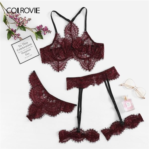 

colrovie burgundy eyelash lace garter floral lace intimates lingerie set underwear black women wireless transparent bra set y200115, Red;black