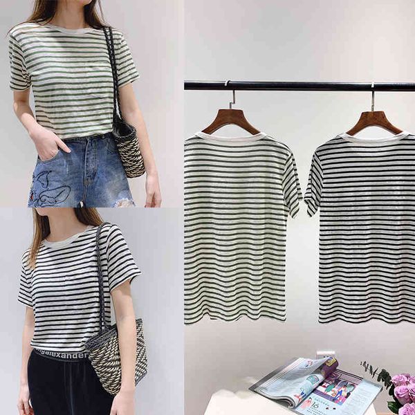 women's t-shirt p85105htg two color short sleeve round neck linen blended stripe t-shirt women's summer, White
women's t-shirt p85105htg two color short sleeve round neck linen blended stripe t-shirt women's summer, White