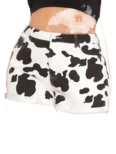 plus high waist cow print denim shorts n2ba#, White;black