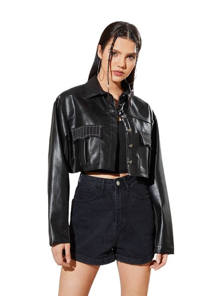 x insalt-yd flap detail button front pu leather crop jacket a3h9#, Black;brown
x insalt-yd flap detail button front pu leather crop jacket a3h9#, Black;brown
