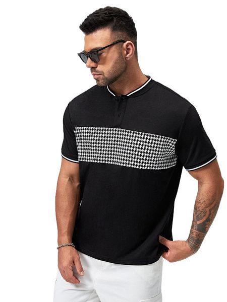 extended sizes men houndstooth panel contrast trim polo shirt q0z7#, White;black
extended sizes men houndstooth panel contrast trim polo shirt q0z7#, White;black
