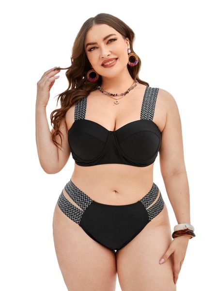 plus double tape bikini swimsuit n8pk#, White;black 
plus double tape bikini swimsuit n8pk#, White;black