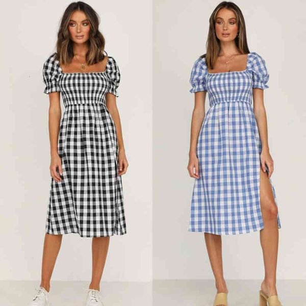 casual dresses split square collar plaid short sleeve dress in spring and summer qj6z, Black;gray