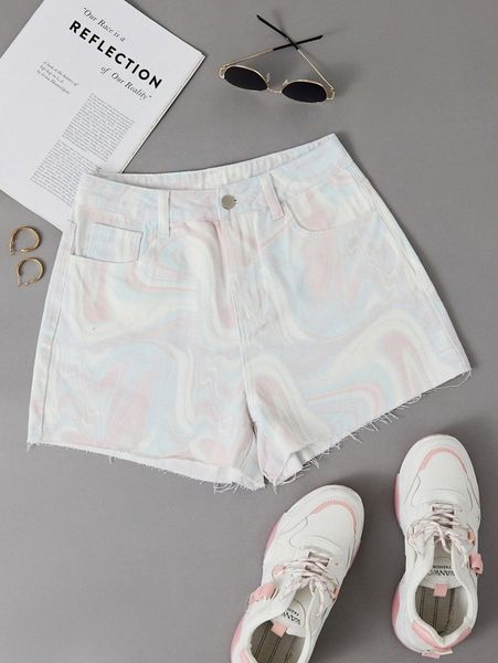 marble print raw hem shorts m3sx#, White;black