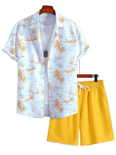 men random tropical print shirt & drawstring waist shorts without tee 61db#, Gray
men random tropical print shirt & drawstring waist shorts without tee 61db#, Gray