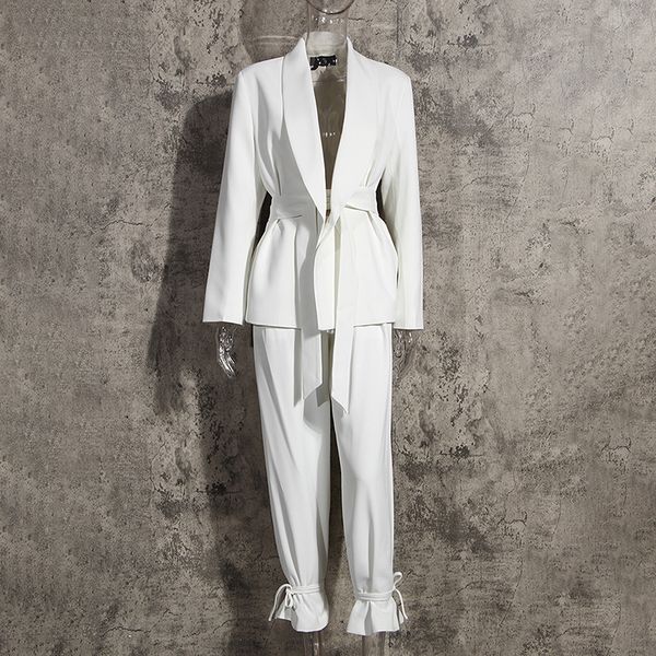 t056 solid color korean two piece set women blazer high waist belt lace-up straight pants suits female fashion work party pencil dress, White;black
t056 solid color korean two piece set women blazer high waist belt lace-up straight pants suits female fashion work party pencil dress, White;black