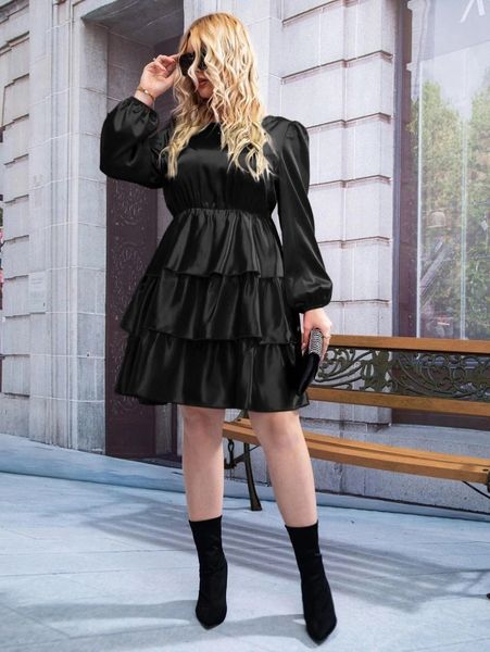 plus lantern sleeve layered ruffle hem dress v5pz#, Black