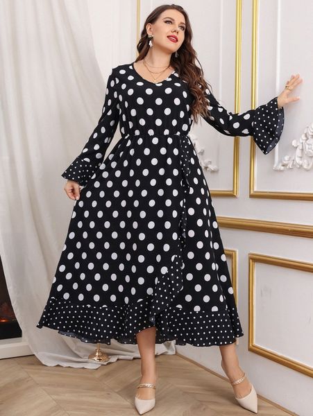 plus polka dot flounce sleeve ruffle trim wrap hem dress without belt 30r6#, Black 
plus polka dot flounce sleeve ruffle trim wrap hem dress without belt 30r6#, Black