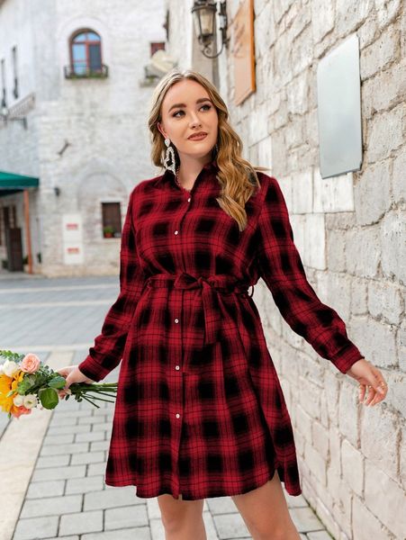 simplee plus tartan print belted shirt dress d8x7#, Black 
simplee plus tartan print belted shirt dress d8x7#, Black