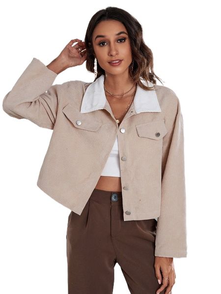 contrast collar drop shoulder corduroy jacket i2f1#, Black;brown
contrast collar drop shoulder corduroy jacket i2f1#, Black;brown