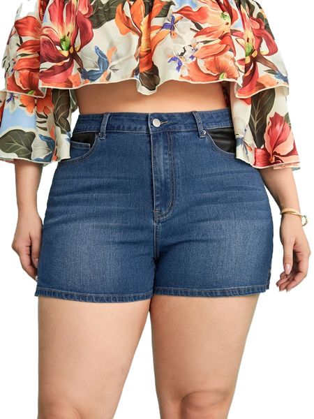 plus pocket patched zip fly denim shorts 80hq#, White;black