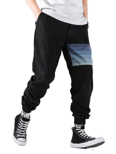 men contrast striped drawstring pants a58g#, Black