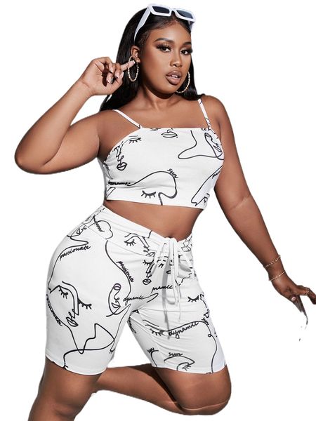 plus letter & figure graphic cami & drawstring biker shorts j3iz#, Black 
plus letter & figure graphic cami & drawstring biker shorts j3iz#, Black