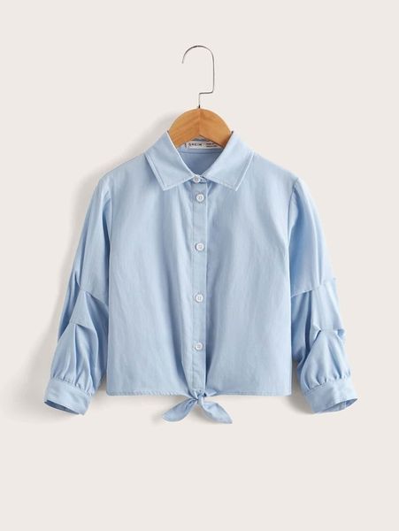 sheen little girl's pleated sleeve and knotted shirt at the hem she, White;black 
sheen little girl's pleated sleeve and knotted shirt at the hem she, White;black