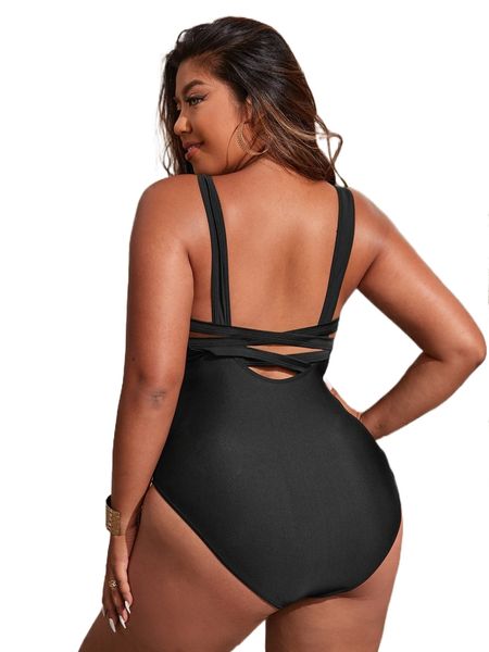 plus crisscross cut out one piece swimsuit a9r0#, White;black