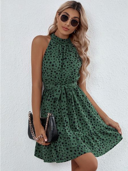 allover print belted halter dress b9g5#, Black;gray
