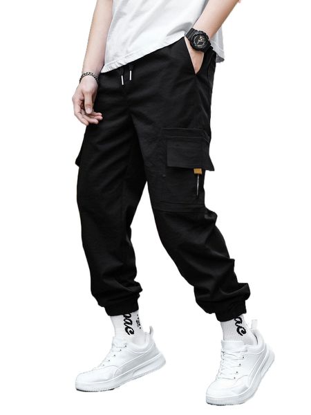 men solid flap pocket pants l0kz#, Black 
men solid flap pocket pants l0kz#, Black