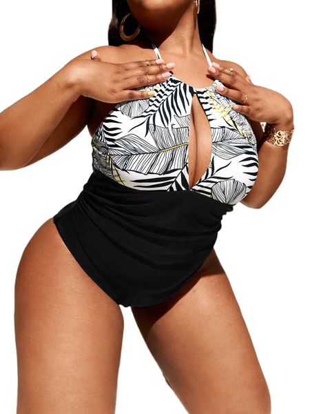 plus plant print ruched halter one piece swimsuit o5bq#, White;black