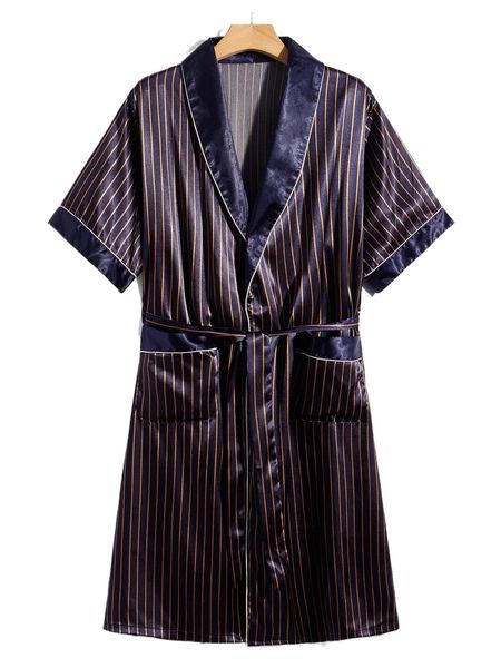 men striped shawl collar patched pocket belted robe 86jm#, Black;brown
men striped shawl collar patched pocket belted robe 86jm#, Black;brown