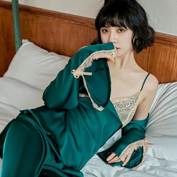 silk pajama set women robe pants 3 pieces pyjamas sleepwear spring and autumn solid nightwear lace elegant homewear, Black;red
silk pajama set women robe pants 3 pieces pyjamas sleepwear spring and autumn solid nightwear lace elegant homewear, Black;red