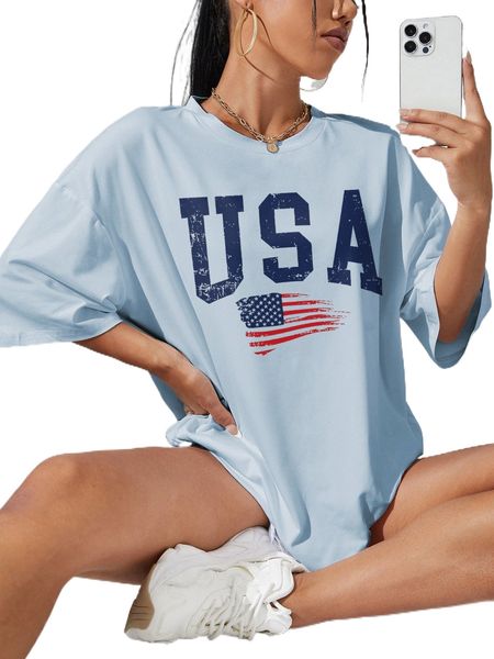 american flag and letter graphic drop shoulder tee k1m8#, White 
american flag and letter graphic drop shoulder tee k1m8#, White