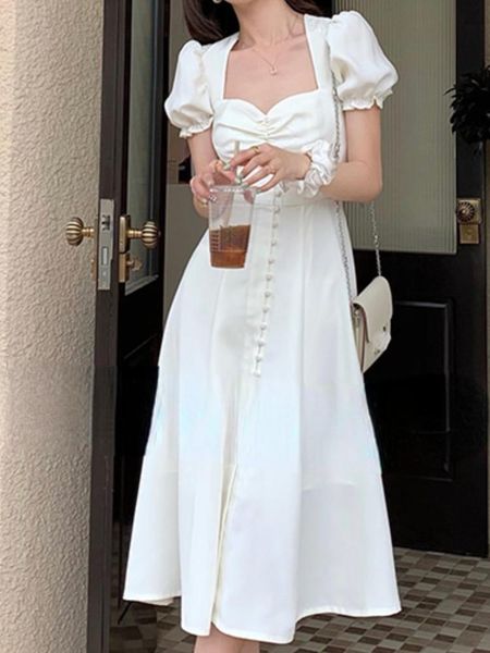 party dresses women's summer elegant casual midi black dress puff sleeve a-line vintage vestidos female fashion one pieces clothes, White;black
party dresses women's summer elegant casual midi black dress puff sleeve a-line vintage vestidos female fashion one pieces clothes, White;black