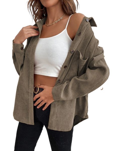 1pc solid button up corduroy shirt u1sc#, White 
1pc solid button up corduroy shirt u1sc#, White