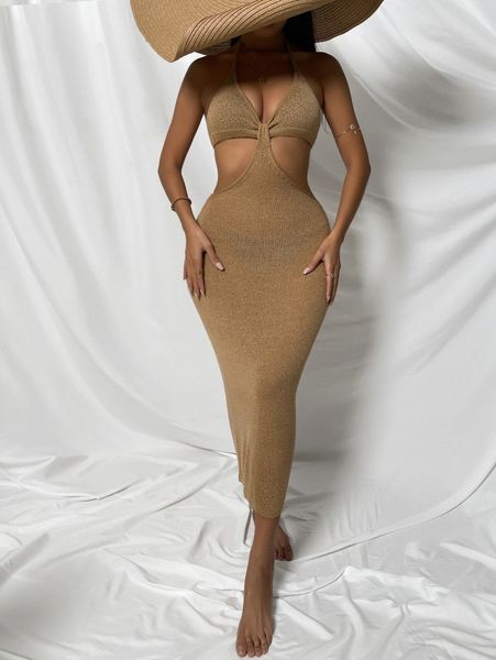 plain halter cut-out cover up o4r3#, White;black