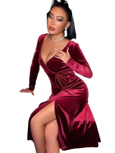 sxy plunging neck split thigh velvet dress m40h#, Black;gray
sxy plunging neck split thigh velvet dress m40h#, Black;gray