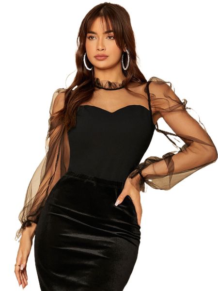 tall bishop sleeve contrast mesh blouse k4gd#, White
tall bishop sleeve contrast mesh blouse k4gd#, White