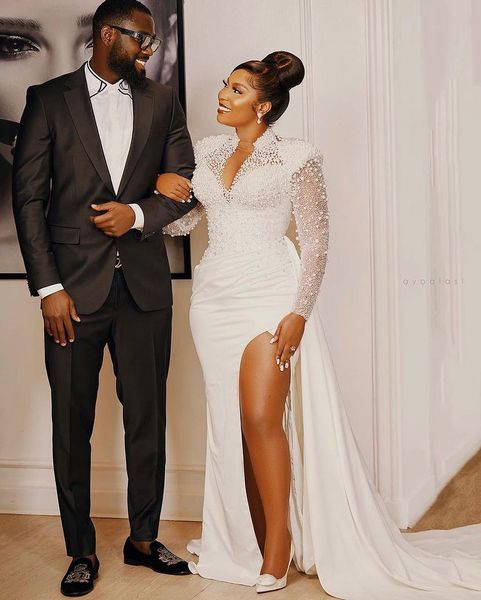 modest luxurious plus size wedding dresses pearls beaded bridal gown custom made side split black girl sequins women wedding gowns, White
modest luxurious plus size wedding dresses pearls beaded bridal gown custom made side split black girl sequins women wedding gowns, White
