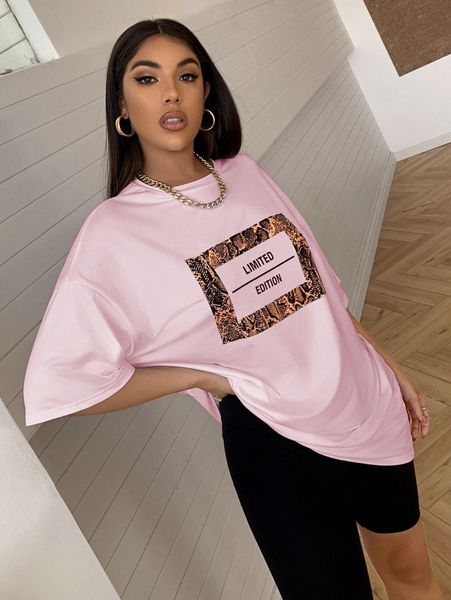letter & snakeskin graphic drop shoulder longline tee s90k#, White