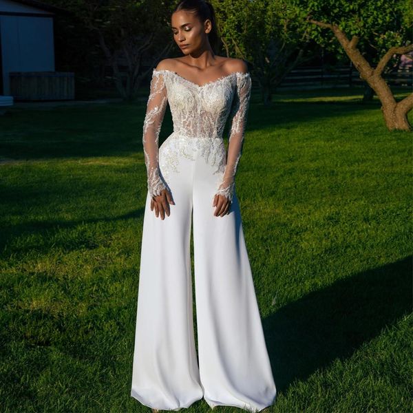 chic jumpsuit beach wedding dresses off the shoulder neck bridal gowns with pants sequined long sleeves beaded sheath boho vestido de novia, White
chic jumpsuit beach wedding dresses off the shoulder neck bridal gowns with pants sequined long sleeves beaded sheath boho vestido de novia, White
