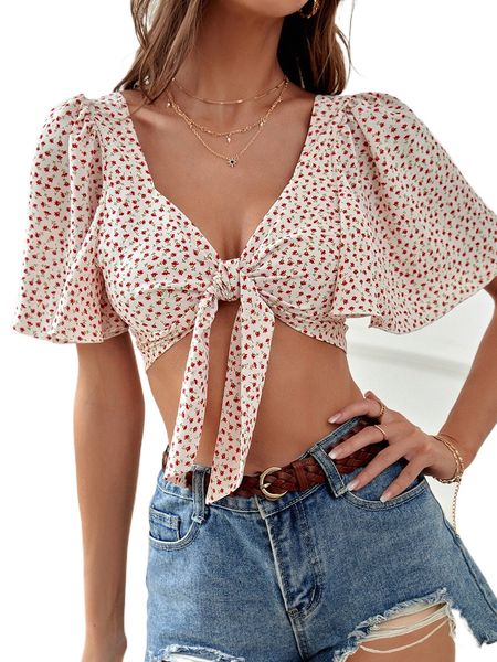 ditsy floral print butterfly sleeve knot front crop u8vi#, White
ditsy floral print butterfly sleeve knot front crop u8vi#, White
