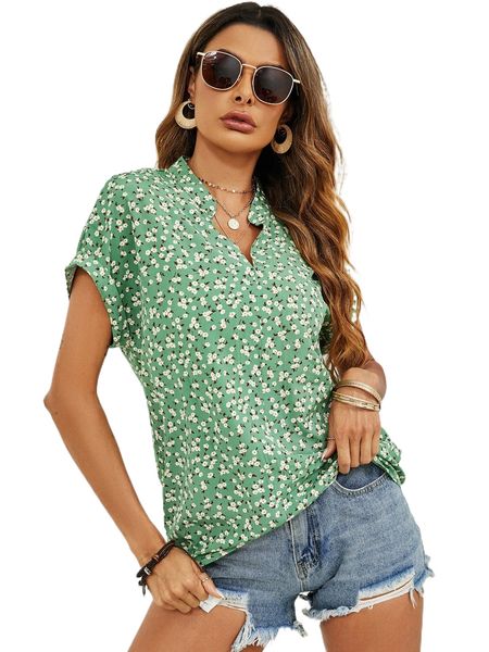 ditsy floral notch neck roll up batwing sleeve blouse o1o9#, White
