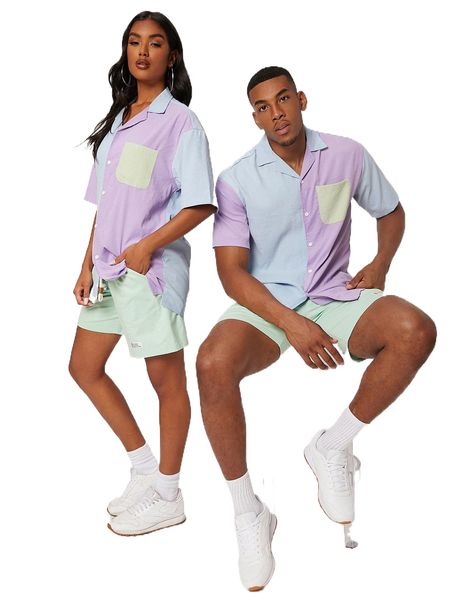 1pc colorblock pocket patched shirt o5wh#, White;black 
1pc colorblock pocket patched shirt o5wh#, White;black