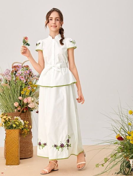 teen girls mock neck floral embroidery belted peplum & skirt she, White