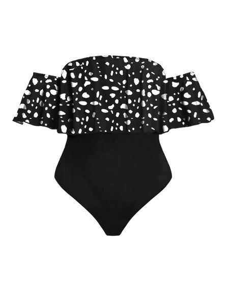 plus graphic print off shoulder bodysuit g8d7#, Black