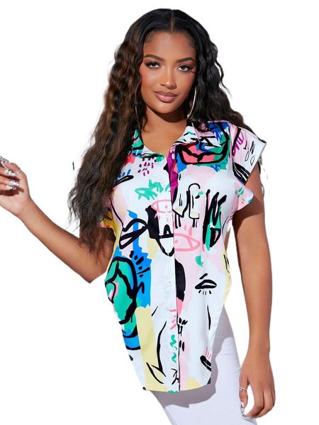 sxy graffiti print asymmetrical hem split side tie back blouse b5gv#, White
sxy graffiti print asymmetrical hem split side tie back blouse b5gv#, White