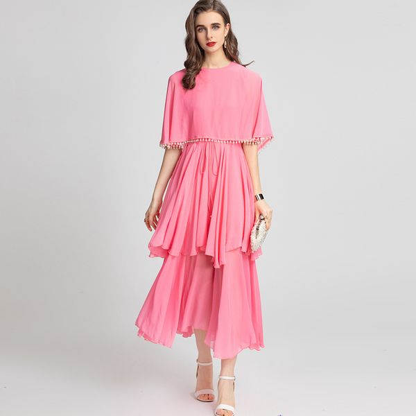 women's runway dresses o neck cape sleeves tassels tired ruffles elegant fashion holiday vestidos, Black
women's runway dresses o neck cape sleeves tassels tired ruffles elegant fashion holiday vestidos, Black