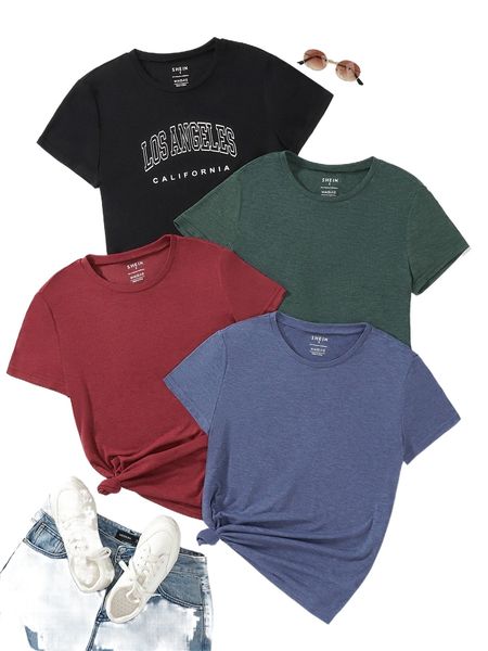 4pcs letter graphic round neck tee s0sj#, White