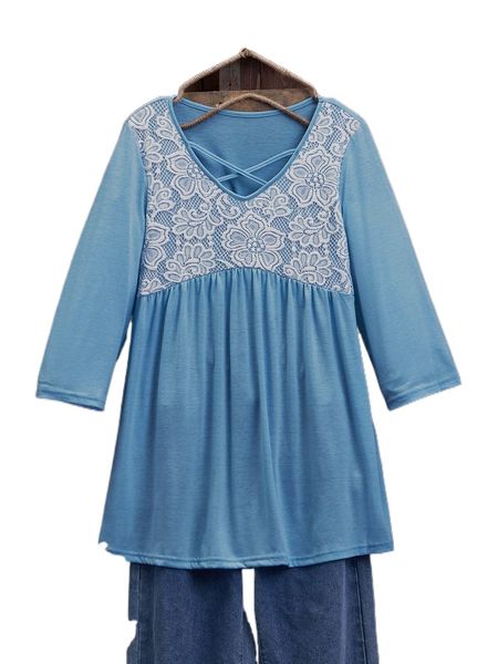contrast lace crisscross front tee 52l7#, White