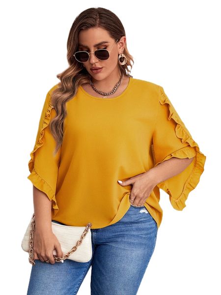 plus ruffle trim petal sleeve blouse 68bj#, Black 
plus ruffle trim petal sleeve blouse 68bj#, Black