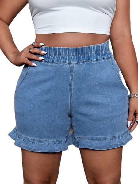 plus elastic waist ruffle hem denim shorts c8il#, White;black