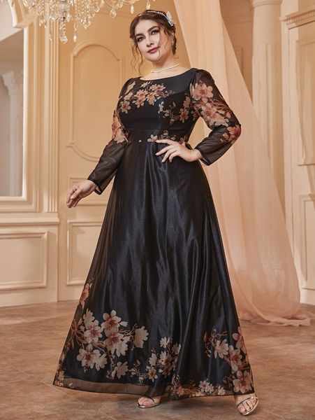 plus floral print maxi prom dress r5nm#, Black