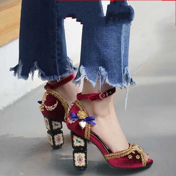 fashion-bohemia ethnic sandals rhinestone heel peep toe fashion wedding court shoes pumps woman, Black