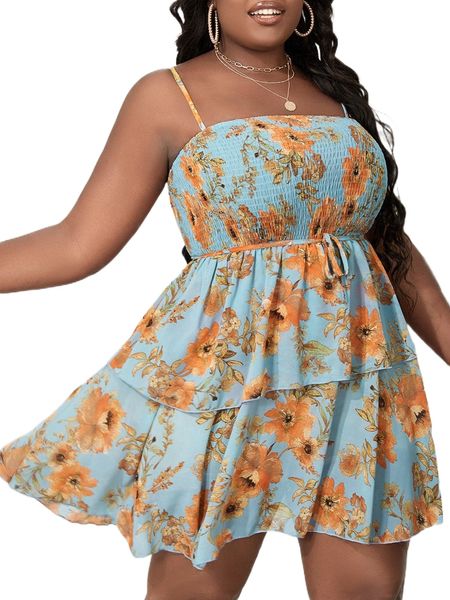 sxy plus allover floral print shirred detail layered hem chiffon belted cami dress c4j7#, Black
sxy plus allover floral print shirred detail layered hem chiffon belted cami dress c4j7#, Black