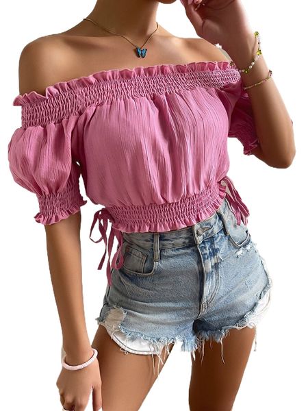 off shoulder shirred frill trim s9dt#, White
off shoulder shirred frill trim s9dt#, White